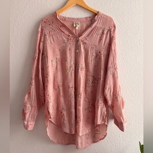 Anthropologie FIG AND FLOWER  Embroidered Floral Button Up Sheer Blouse Size XL